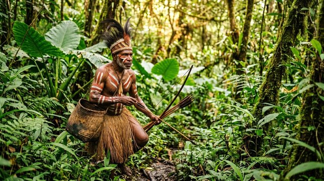 Papuan Hunter Wearing Traditional Clothing Hunting In Tropical Forest with Copy space area