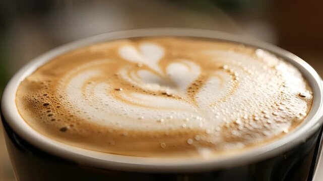 Closeup of hot coffee being poured into a cup with latte art.