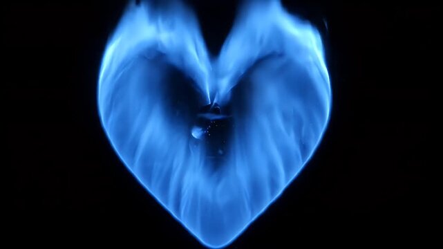 Ethereal blue flame meticulously shaped into a symbolic heart, vividly glowing against a deep dark background, representing profound love, warmth, and vibrant passion in an abstract display