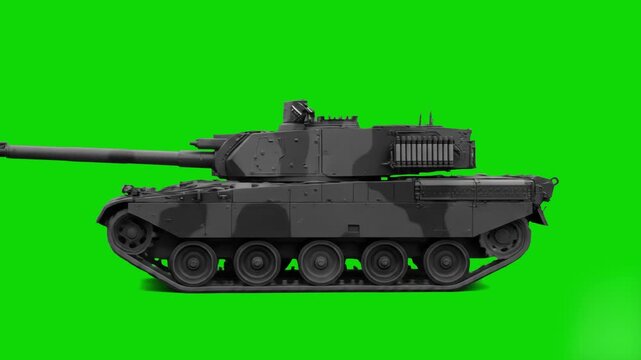 A highly detailed 3D model render of an M1A2 Abrams military main battle tank finished in a classic woodland camouflage pattern, standing completely still against a solid green screen. This premium st