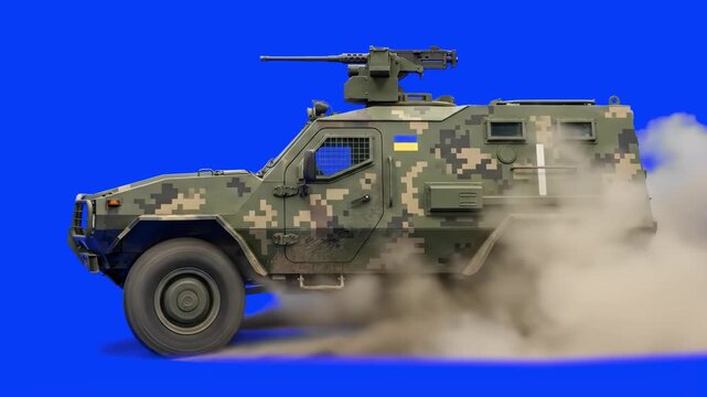 A side view of a modern olive drab camouflage armored personnel carrier driving forward in a cloud of dust. This 3D tactical combat vehicle asset features a top turret and a small Ukrainian flag, isol