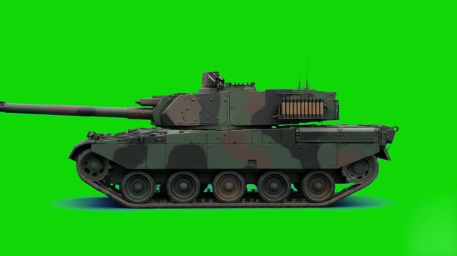 A heavy armored military combat tank driving forward in a continuous side view loop. This detailed 3D vehicle asset with a classic green and brown camouflage pattern is isolated on a bright green chro
