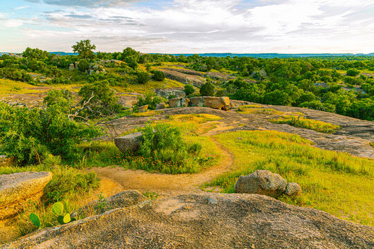 A natural dirt hiking path winds through patches of yellow coreopsis wildflowers on the rocky granite terrain of the Texas state park