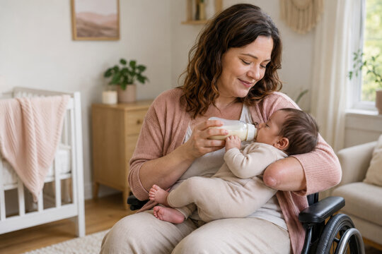 disabled mother in a wheelchair gently bottle feeds her baby in a soft nursery, showing motherhood, disability representation, family care and everyday tenderness