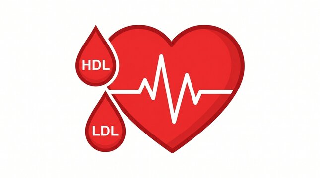 Cholesterol level medical illustration, red heart with EKG heartbeat line, HDL and LDL blood drops, cardiovascular health concept