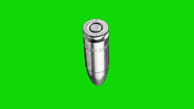A shiny, nickel-plated silver 9mm bullet cartridge seamlessly rotating in mid-air against a solid green screen background. This high-density 3D animation asset is ideal for forensic science videos, ci