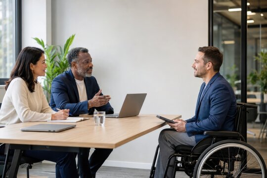 wheelchair user candidate attends a professional job interview in a modern office, representing equal opportunity hiring, disability inclusion and accessible recruitment
