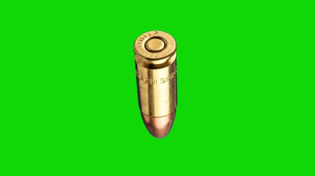 A detailed 3D model of a 9mm Parabellum brass bullet cartridge with a copper jacketed bullet spinning smoothly in a loop against a solid green screen backdrop. Perfect for military explainers, ballist