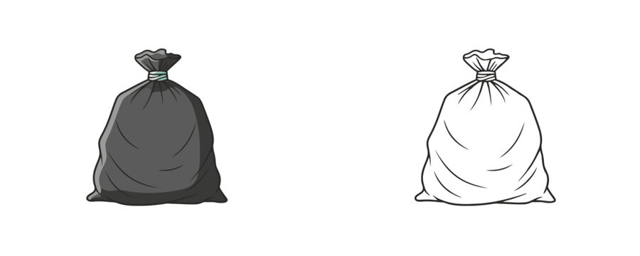 Trash bag cartoon illustration featuring tied plastic garbage sacks in black color and outline lineart variants for waste disposal