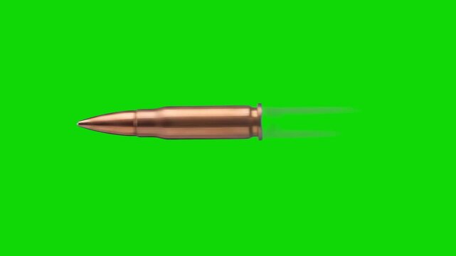 A side-angle macro graphic of a copper-coated rifle bullet flying in place. The isolated green screen footage features realistic light smoke and gas jet trails shooting backwards from the base of the 