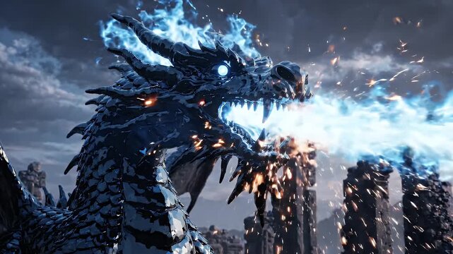 Epic fantasy dragon breathing fire and ice, with ancient ruins and a stormy sky in the background, a creature of myth and legend