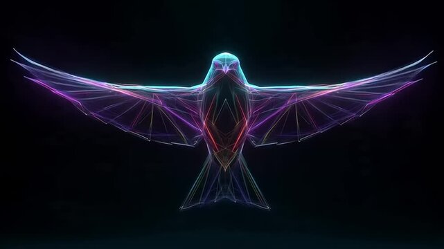 Vibrant digital illustration of a bird in flight with colorful neon lines against a dark background.
