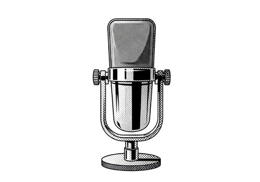 vintage large-diaphragm condenser microphone on a stand, stylized in high-contrast black and white halftone dots on a transparent background, conceptual icon of vintage audio technology