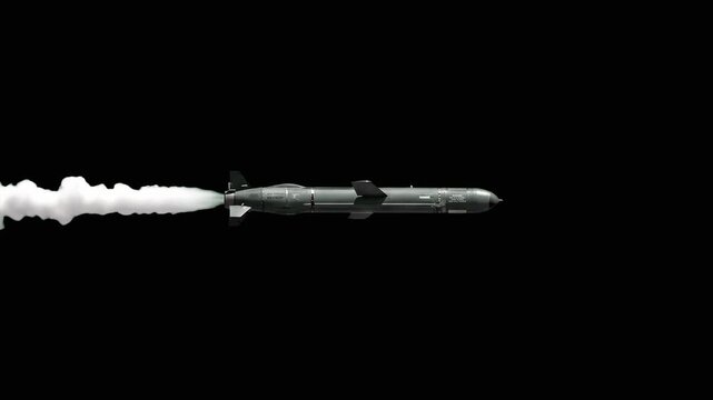 A highly detailed 3D animated military missile traveling at high speed, leaving a visible exhaust smoke trail. This dynamic asset is perfect for motion graphics, visual effects, and action-oriented wa