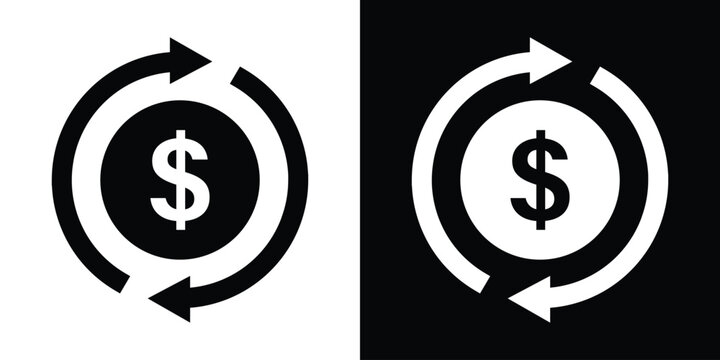 Dollar currency coin inside cash flow rotation arrows vector icon. Money circulation, financial turnover, revenue cycle, return on investment, and cashback concept graphic.