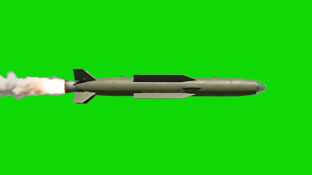 A clean, detailed 3D model of a long-range surface-to-surface cruise missile with aerodynamic wings, stenciling profile, and military markings, shown in profile view against a solid green screen backd