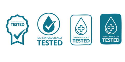 Four Dermatologically Tested Badges: Ribbon, Checkmark, Medical Cross Designs © MdRazaul
