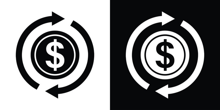 Dollar currency coin inside cash flow rotation arrows vector icon. Money circulation, financial turnover, revenue cycle, return on investment, and cashback concept graphic.