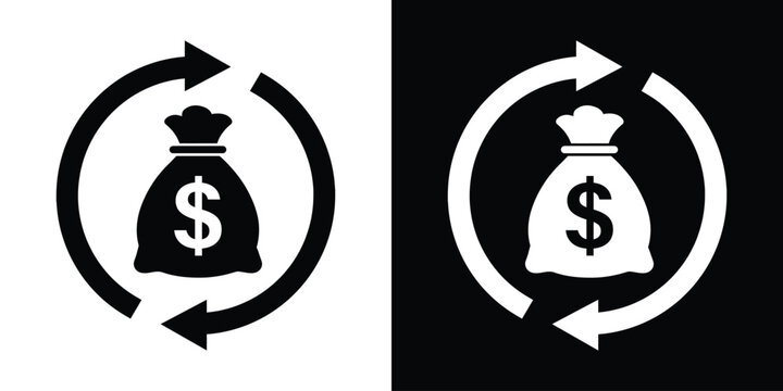 Dollar money bag inside circular rotation arrows vector icon. Cash flow circulation, capital reinvestment, wealth turnover, and continuous budget cycle graphic illustration.