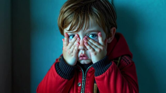 Little Boy Scared Covering Eyes with Hands, Peeking Through Fingers to Look Around. For emotional development materials, child psychology resources, and social media posts about childhood emotions.
