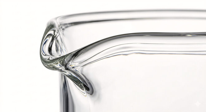 Extreme close-up of the pouring lip of a heavy-duty borosilicate glass laboratory beaker. Crystal-clear flame-polished rim isolated on white.