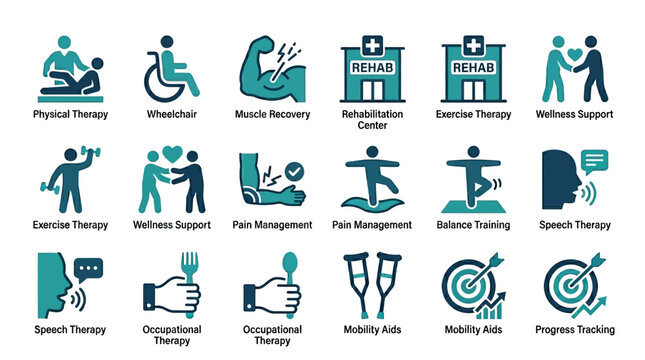 Physical Therapy Rehabilitation Icons Set.