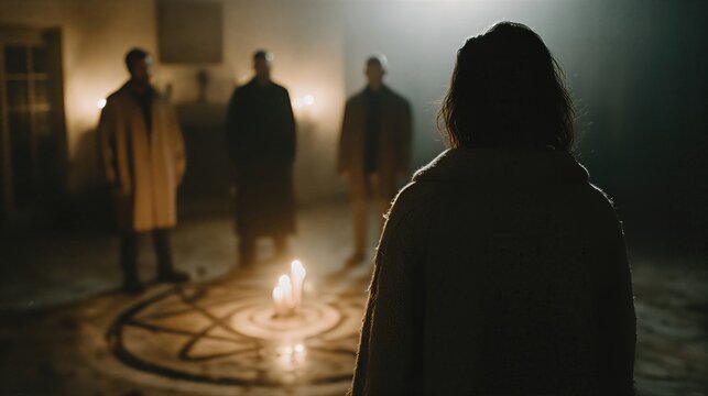 Woman in coat standing before three men gathered around glowing pentagram with candles on floor. Mysterious occult ritual in dimly lit room. Supernatural ceremony atmosphere for halloween themes and