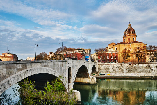 The Ponte Sisto, a historic pedestrian bridge spanning the Tiber River in Rome, Italy, Europe