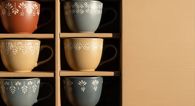 Assorted ceramic mugs with folk patterns in cardboard box packaging, presented with dynamic lighting and ample copy space