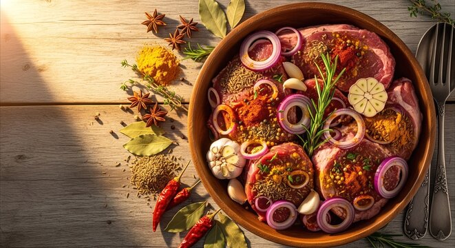 Raw meat steaks marinating with red onion, garlic, and spices in rustic bowl, preparing for delicious meal in warm kitchen light