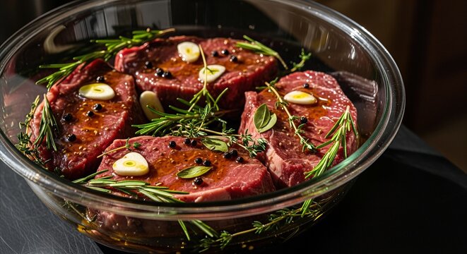 Raw beef steaks marinating with rosemary, garlic, and peppercorns in a glass bowl for gourmet cooking
