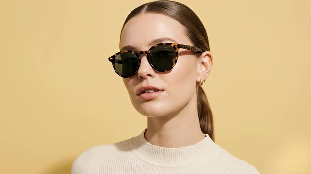 A chic headshot of an elegant young Caucasian woman with fair skin looking towards the camera. Her dark hair is pulled back into a sleek ponytail, and she is wearing fashionable tortoiseshell sunglass