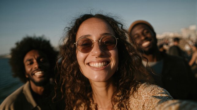 Diverse friends taking selfie by the waterfront. Woman in center with two smiling men. Summer outing and joyful companionship concept.