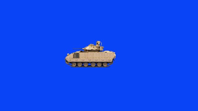 A 3D animated M2 Bradley infantry fighting vehicle in desert camouflage drives across a solid blue background. Perfect for filmmakers and editors seeking to composite realistic military armored hardwa