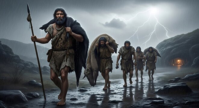 Group of ancient men carrying hunted animal hides in heavy rain during a thunderstorm. Primitive tribal survival in the wild. Ancestor human life.