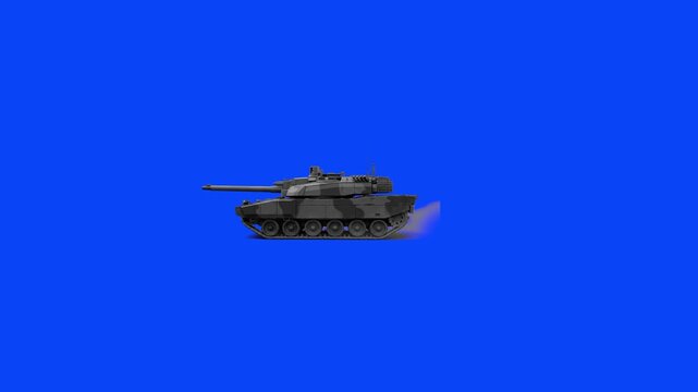 A heavy military combat tank with a green and brown camouflage pattern moving in place. The wheels and continuous tracks rotate rapidly against a solid blue screen chroma key background, designed for 