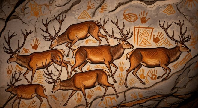 Ancient cave painting depicting deer and handprints on a rock wall. Prehistoric art and primitive culture for history or anthropology concept.