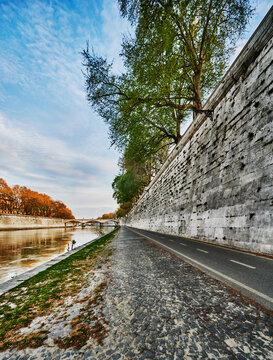 pedestrian and bicycle path running alongside the Tiber River in Rome, Italy, Europe