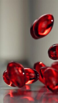 Red softgel capsules on reflective table, closeup next to blurred Filmed on a high-speed camera at 1000 fps.