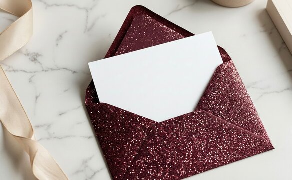 Glitter Envelope with White Card on Marble Surface for Wedding Invitations