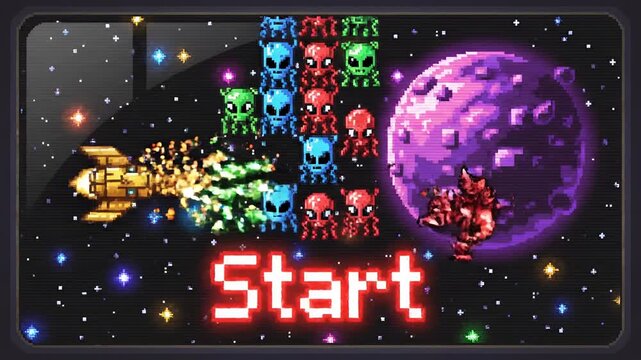 Retro Space Invaders Game Scene with Spaceship and Aliens.