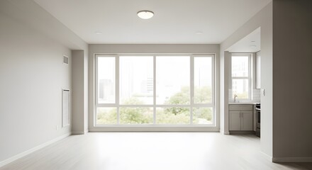 Fototapeta premium Photo of empty modern apartment living space with large windows and city view