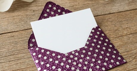 Obraz premium Purple Glitter Polka Dot Envelope with White Card on Wooden Table for Invitations