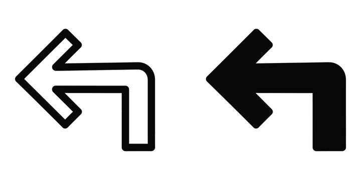 Black outline and solid left turn arrow icons for navigation design Vector