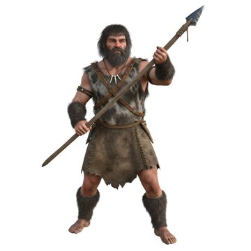 Caveman with spear. Primitive man hunter. Stone age tribal warrior standing with weapon. Ancient nomad isolated on white.