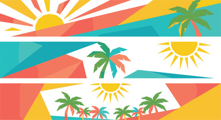 Obraz premium Set of three horizontal summer typical banners with geometric Sun and Palm trees, abstract beach vacation background vector illustration