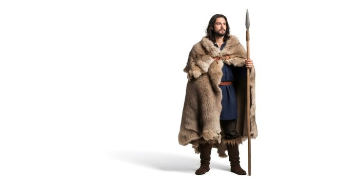 Man hunter in animal skin cloak holding spear on white background. Primitive human concept. Old people, early mankind history.