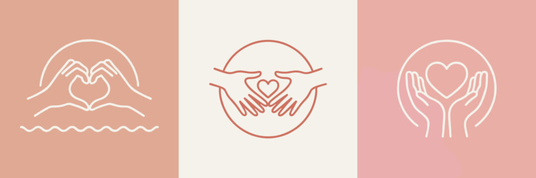Collection of three line art icons representing hands forming hearts and cradling a heart symbol