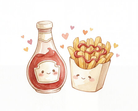 Cute Ketchup and Fries Love Illustration - Adorable Food Couple Carto on Art