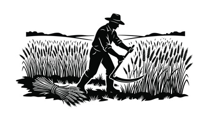 farmer harvesting wheat in field silhouette © Imagevector